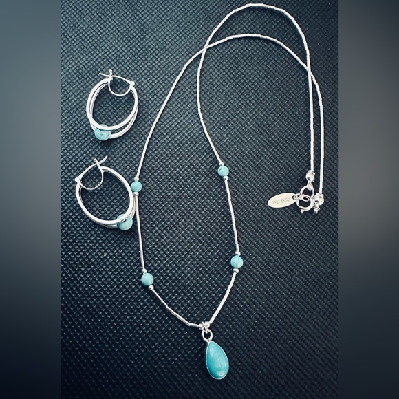 Mojave Turquoise Beaded Liquid Silver Necklace & perfectly matching Earrings NWT - Picture 2 of 14